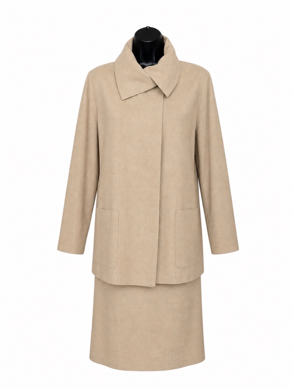 Cathy Hardwick 100% Linen Beige Skirt Suit Set Jacket & Skirt Size 8 Classic